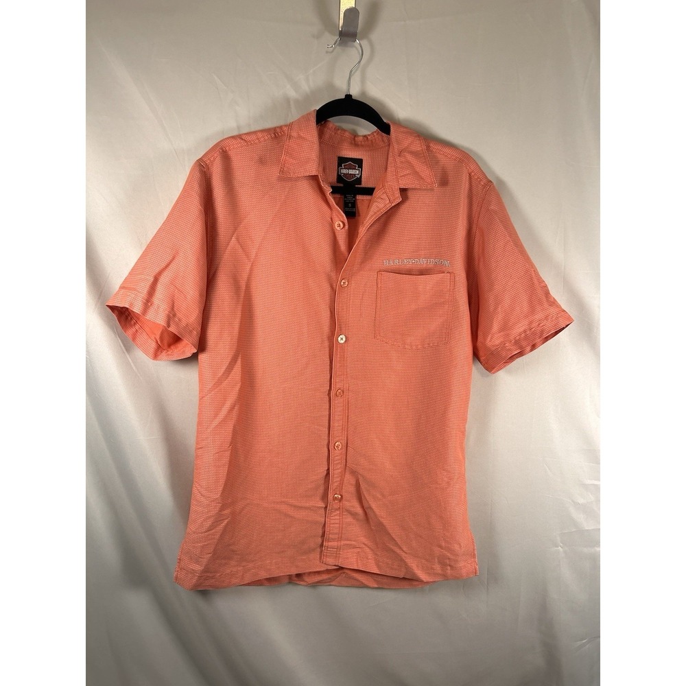 Harley Davidson‎ Mens Small Short Sleeve Button Up Shirt Textured Pocket Coral